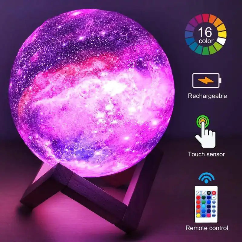 Novera Space 3D Galaxy Moon Lamp – 16 Color LED Rechargeable Night Light with Stand