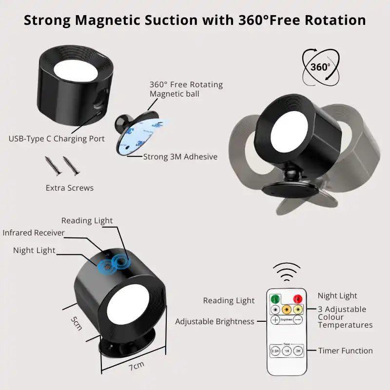 Novera Space Magnetic Rechargeable LED Wall Sconce – 360° Rotatable Dimmable Reading Lamp