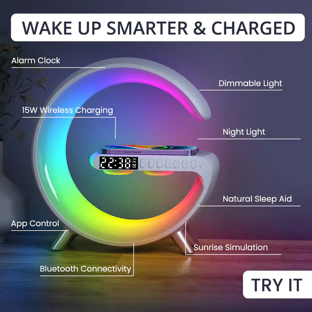 Novera Space 4-in-1 Smart Atmosphere Lamp – Fast Wireless Charger & Sunrise Alarm Clock
